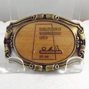Saskatchewan Woodworkers' Guild Wood Grain Brown and Gold Tone Belt Buckle